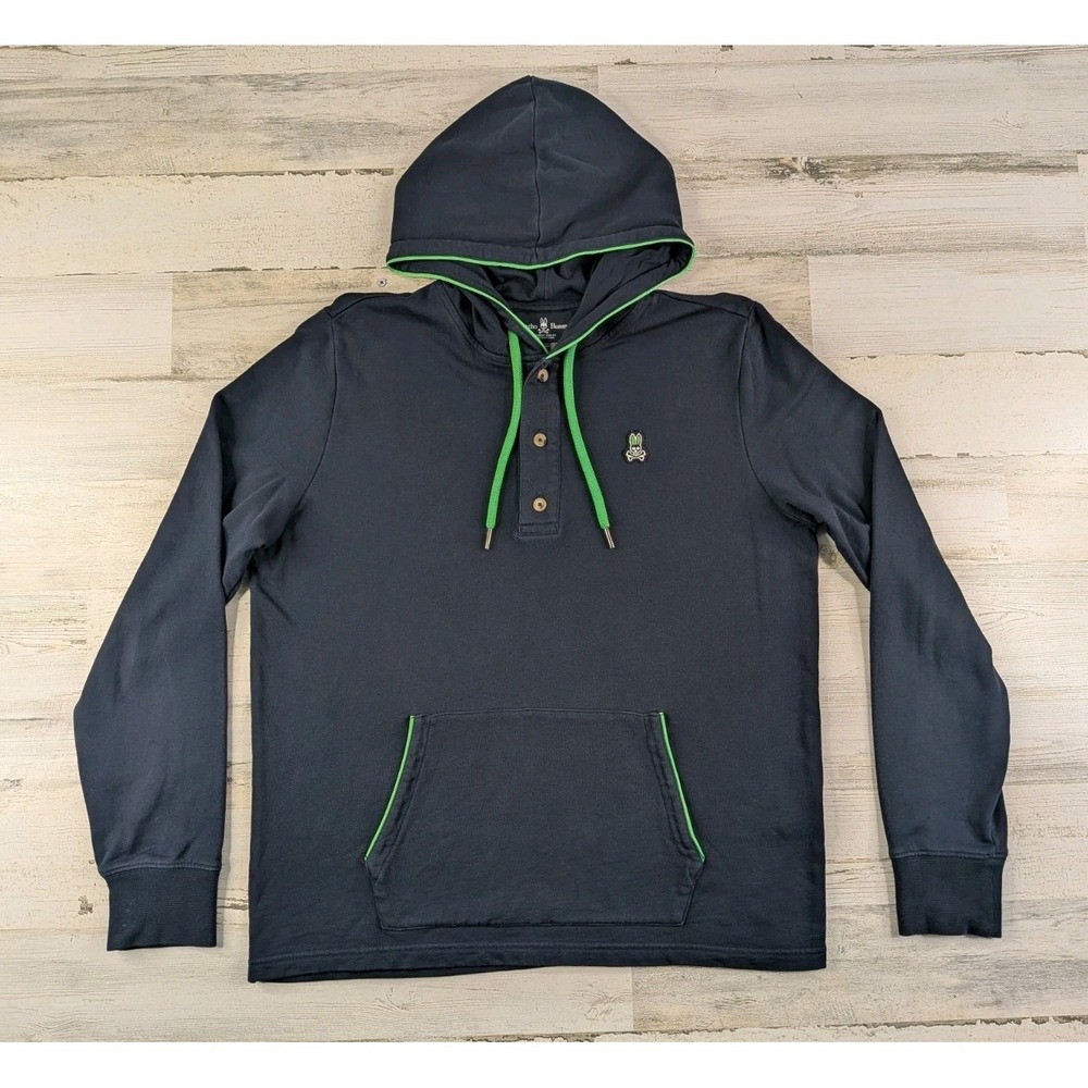 Psycho Bunny Mens Hoodie Size 4 Small Navy Henley Pullover Blue Green Trim